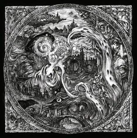 Keine erkennbaren Texte. Eine detaillierte, unheimliche Schwarz-Weiß-Illustration mit fantastischen Landschaften und Kreaturen.