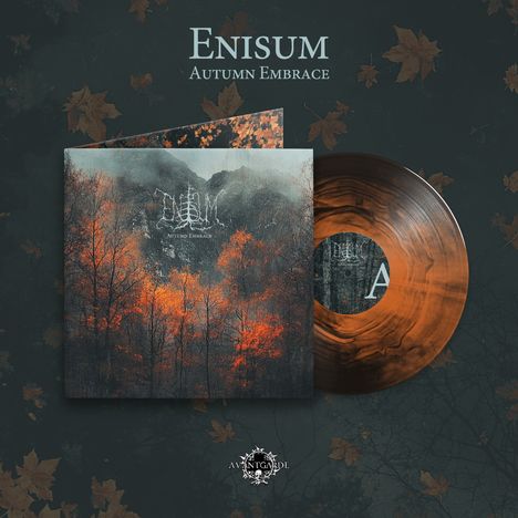 Titel: "ENISUM - Autumn Embrace". Albumcover mit orangen Bäumen, Vinyl in Orange-Tönen, herbstliches Design.