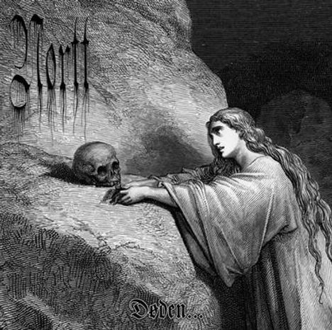 Text: "Nortt", "Døden...". Eine Frau in langem Gewand kniet vor einem Totenkopf auf einem Felsen, mit melancholischem Ausdruck.