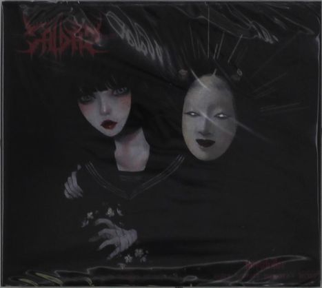 Text in roter Schrift oben links. Illustration: Frau mit schwarzem Haar, rotem Lippenstift, hält Maske mit leerem Gesicht.