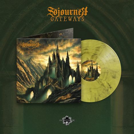 "Sojourner Gateways" und "Avantgarde" sind Texte. Design zeigt düstere Burg vor dramatischem Himmel. Gelbes Vinyl.