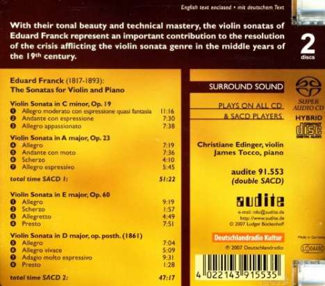 Franck / Edinger / Tocc: Sonatas For Violin &amp; Piano (Hy, Super Audio CD