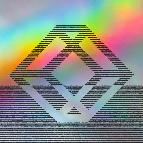 Struktur aus schwarzen Linien formt Rauten und Dreiecke vor buntem Hintergrund, der Regenbogenfarben zeigt.