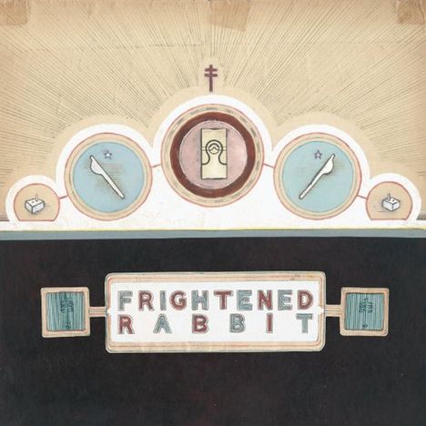 "Frightened Rabbit" steht in Blockschrift. Darüber geometrische Symbole und ein Kreuz auf einem strukturierten Hintergrund.