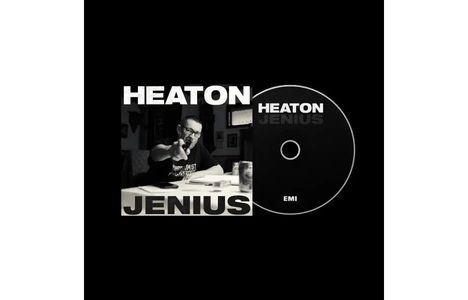 Texte: "HEATON", "JENIUS", "EMI". Albumcover mit Person an einem Tisch und einer CD daneben.