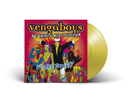 "Vengaboys", "The Greatest Hits Collection", "We Like to Party". Farbige Figurengruppe auf knallig rotem Hintergrund.