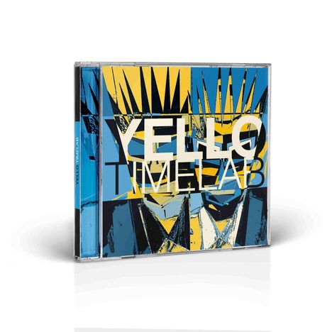 "YELLO TIMELAB" steht in großen Buchstaben auf einem farbenfrohen, abstrakten Hintergrund mit gelben und blauen Formen.