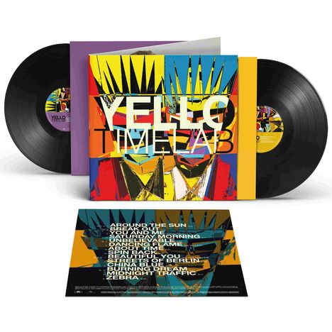 Text: "YELLO TIMELAB" und Titel wie "AROUND THE SUN". Illustration: Bunte geometrische Formen mit Schallplatten.