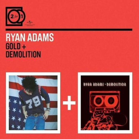 "RYAN ADAMS GOLD + DEMOLITION" auf rotem Hintergrund, zwei Bilder: links Person mit Flagge, rechts Kassette, dazwischen Pluszeichen.