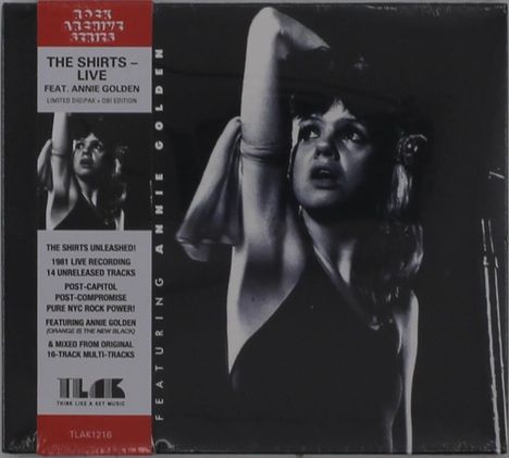 "The Shirts – Live feat. Annie Golden" steht auf einem CD-Cover. Schwarz-Weiß-Foto einer Frau, die nach oben schaut.
