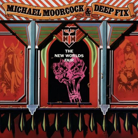 „Michael Moorcock & The Deep Fix, The New Worlds Fair“; farbenfrohe, geometrische Illustration mit einem zentralen, verzerrten Gesicht.