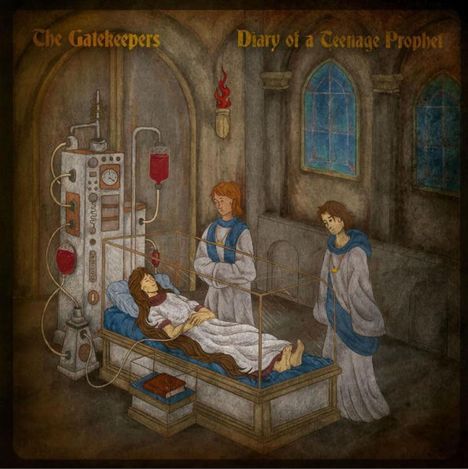 "The Gatekeepers – Diary of a Teenage Prophet" steht oben. Eine mittelalterliche Szene zeigt eine Person auf einem Bett und zwei Begleiter.