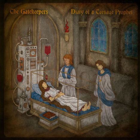 "The Gatekeepers", "Diary of a Teenage Prophet". Gemälde: Junge auf Liege, umgeben von Mönchen, mit medizinischem Gerät.