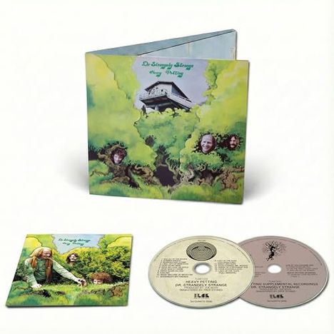 Texte: "Dr. Strangely Strange Heavy Petting", "EXCLUSIVE PROF. STONED REMASTER TLAK1233". Häuser über Bäumen, drei Gesichter.