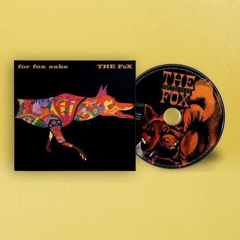 Text: „for fox sake THE FoX“. Ein kunstvoller Fuchs in bunten Farben neben einer CD mit einem fuchsartigen Design.