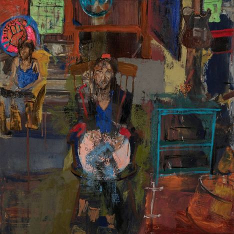 Illustration: "Bizziehood" in einer kreisförmigen Fläche. Zwei Personen sitzen in einem bunt-chaotischen Raum.