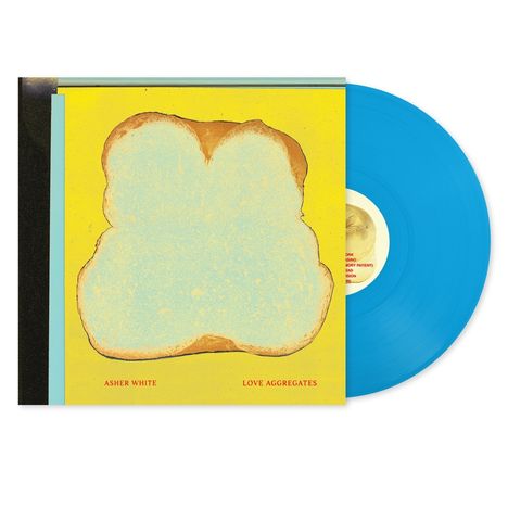 "Asher White" und "Love Aggregates" in Rot unter einem gemalten Toastbrot auf gelbem Hintergrund mit blauer Vinyl.