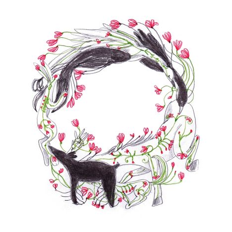 Illustration eines Kreises aus schwarzen Katzen und roten Blumenranken, die harmonisch ineinander verwoben sind.