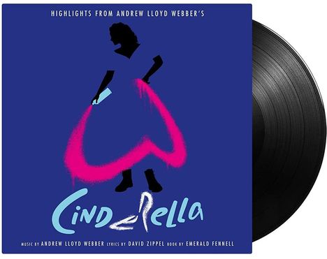 „Highlights from Andrew Lloyd Webber’s Cinderella“ zeigt eine Silhouette mit pinkem Kleid und eine Schallplatte.