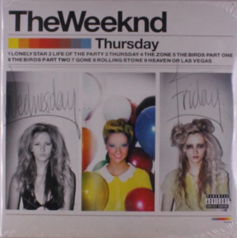 Text: The Weeknd, Thursday, Mittwoch, Freitag. Farbliche Leiste, drei Frauenbilder, mittlere Frau lächelt.
