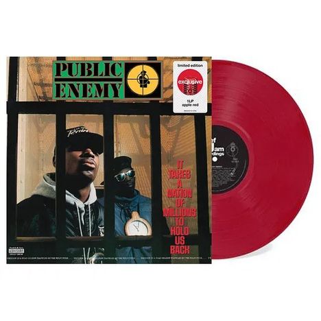"Public Enemy" und "It takes a nation of millions to hold us back" erscheinen auf einem roten Vinylcover.