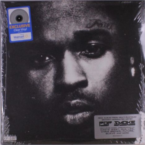 Sticker: "EXCLUSIVE Clear Vinyl Walmart." Unten: "Pop Smoke" mit Gastmusikern. Schwarz-weiß Porträt.