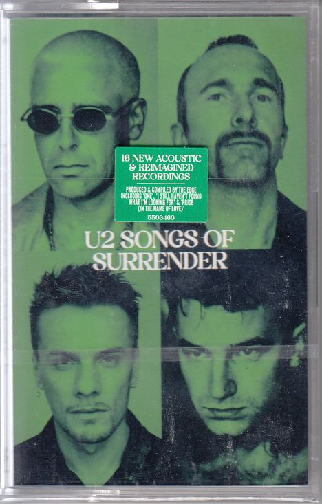 „U2 Songs of Surrender“, darunter vier grüne Porträts von Männern, zwei oben, zwei unten.
