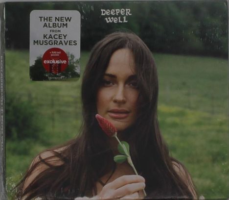 "The New Album from Kacey Musgraves", "Deeper Well". Frau mit langen Haaren hält Blume, grüner Hintergrund.