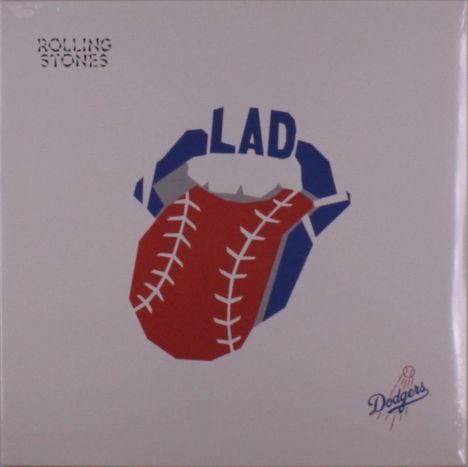 Texte: "ROLLING STONES", "LAD", "Dodgers". Illustration: Mund mit herausgestreckter Zunge im Baseball-Design.