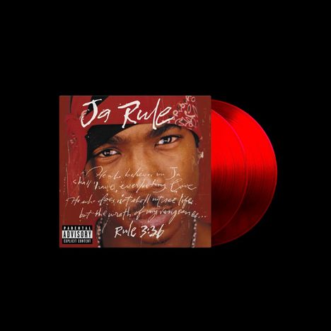 "Ja Rule" und "Rule 3:36" sind in weißer Schrift auf rotem Hintergrund zu sehen. Ein Gesicht mit rotem Bandana ist dargestellt.