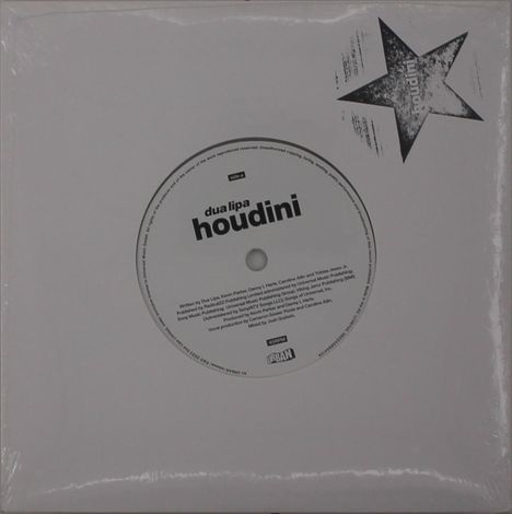 Ein Plattencover zeigt: „dua lipa houdini“. Oben rechts ist ein stilisierter, dunkler Stern mit dem Wort „houdini“.