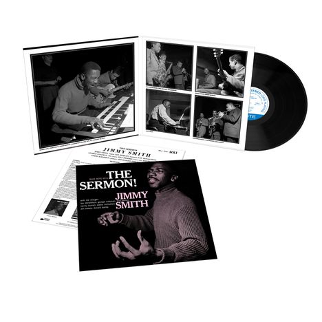 "THE SERMON! JIMMY SMITH" in weißer und pinker Schrift auf Plattencover; zeigt Musiker mit Orgel, andere Fotos innen.