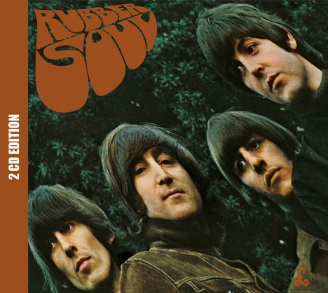 "Rubber Soul" in großer, stilisierter Schrift oben, "2 CD Edition" links. Vier Männer mit langen Haaren schauen nach unten.