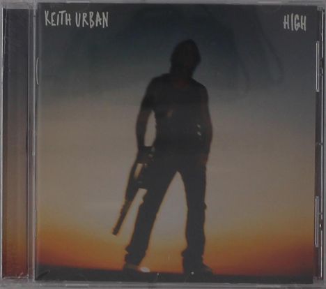 Oben steht "Keith Urban" und "High". Silhouette einer Person mit Gitarre vor Sonnenaufgang oder -untergang.