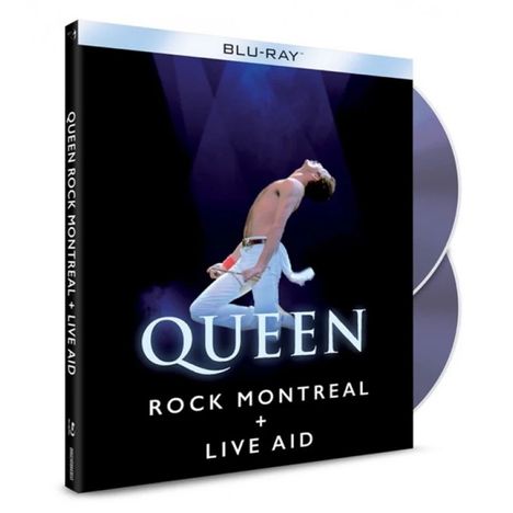BLU-RAY, QUEEN ROCK MONTREAL + LIVE AID. Ein Sänger in weißer Kleidung singt leidenschaftlich, Hintergrund lila.