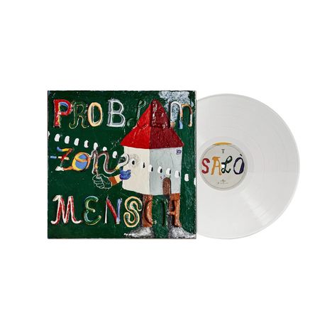 "PROBLEM ZON MENSCH" zeigt eine bunte Zeichnung, ein Haus mit Armen und Beinen, und eine weiße Vinyl-Schallplatte.