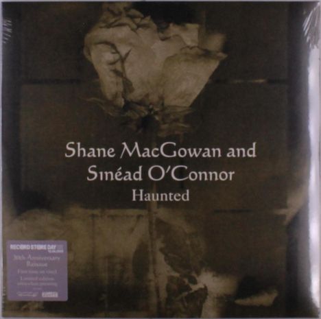 Text: "Shane MacGowan and Sinéad O'Connor - Haunted". 
Hintergrund: Eine stilisierte, düstere Illustration einer verwaschenen Blume.