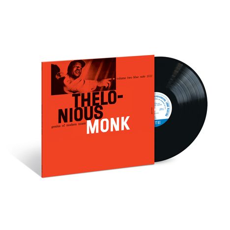 Albumcover in Rot mit Texten: "Thelonious Monk", "genius of modern music", "volume two". Daneben eine Schallplatte.