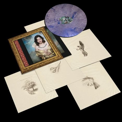 Text: „Tender is the flesh.“ Rahmen mit Frau in goldener Kleidung, violette Schallplatte, Zeichnungen von Vogel, Baum, Blumen.