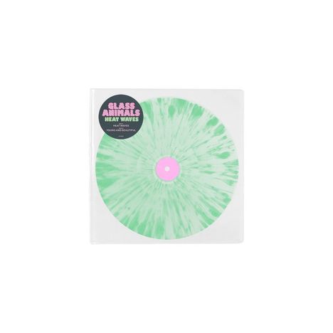 Text: "Glass Animals Heat Waves". 
Transparente Hülle mit grüner und pinker Schallplatte.