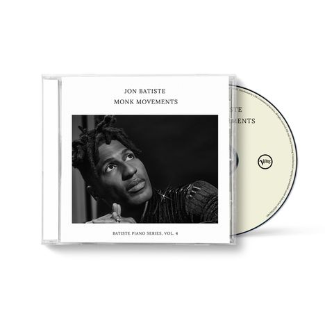 "Jon Batiste Monk Movements, Batiste Piano Series, Vol. 4." Ein Mann schaut nach oben, daneben eine CD mit Verve-Logo.
