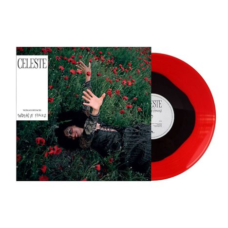 Text: CELESTE, WOMAN OF FACES. Frau liegt in rotem Mohnfeld, rotes Vinyl daneben.