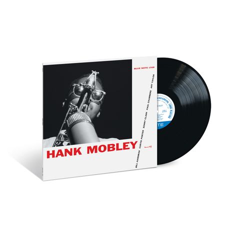 Text: "BLUE NOTE 1568", "HANK MOBLEY". Cover zeigt Musiker mit Saxophon, daneben Vinyl-Schallplatte.