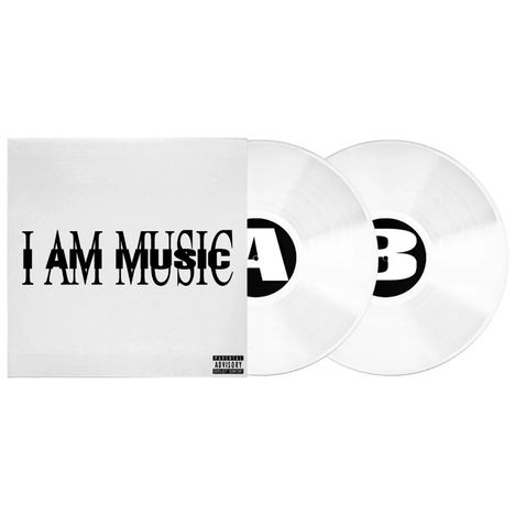 "I AM MUSIC" in schwarz auf weißem Cover, zwei weiße Vinylplatten mit großen Buchstaben "A" und "B".