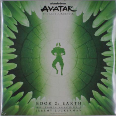Texte: "BOOK 2: EARTH", "MUSIC FROM THE ANIMATED SERIES", "JEREMY ZUCKERMAN". Illustration: Silhouette einer Person, grüne Kristalle.