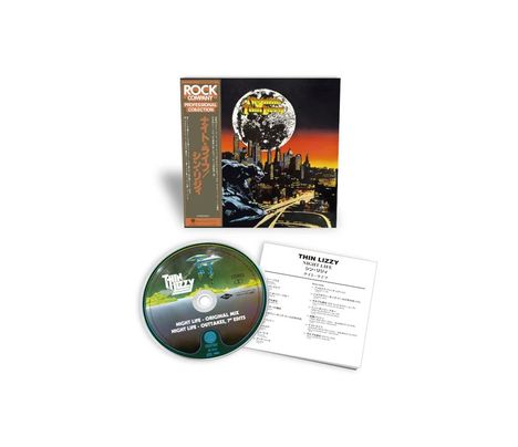 „Thin Lizzy - Night Life“ CD und Booklet, Stadt im Abendrot, Panther-Illustration. Japanische und englische Schriftzeichen.