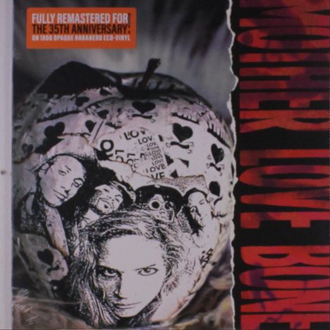 "Fully remastered for the 35th anniversary." Apfel mit Collage aus Fotos und Mustern, roter Text rechts.