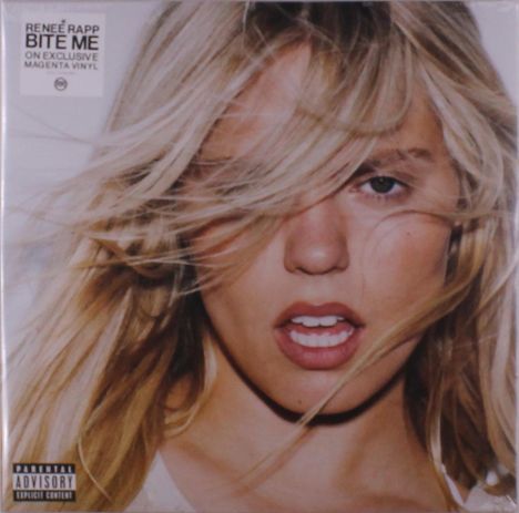„Bite Me“ von Renée Rapp auf exklusivem magenta Vinyl. Verwirrtes blondes Haar vor einem Gesicht mit geöffnetem Mund.