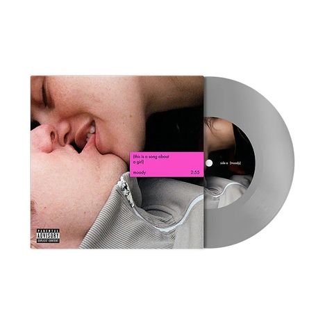 Text: „(this is a song about a girl) moody 2:55“. Zwei Personen küssen sich, dazu eine graue Vinyl-Schallplatte.
