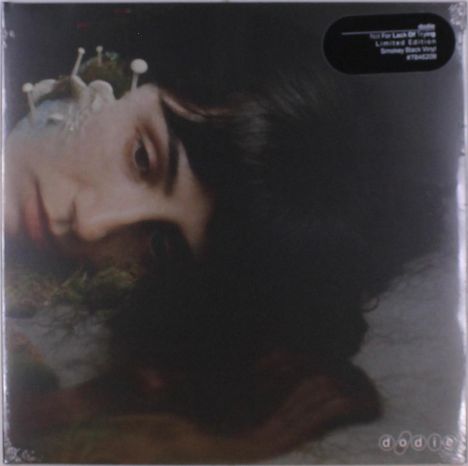Oben: "Dodie", "Not For Lack Of Trying", "Limited Edition". Eine Person mit braunen Haaren liegt auf Moos, umgeben von Pilzen.